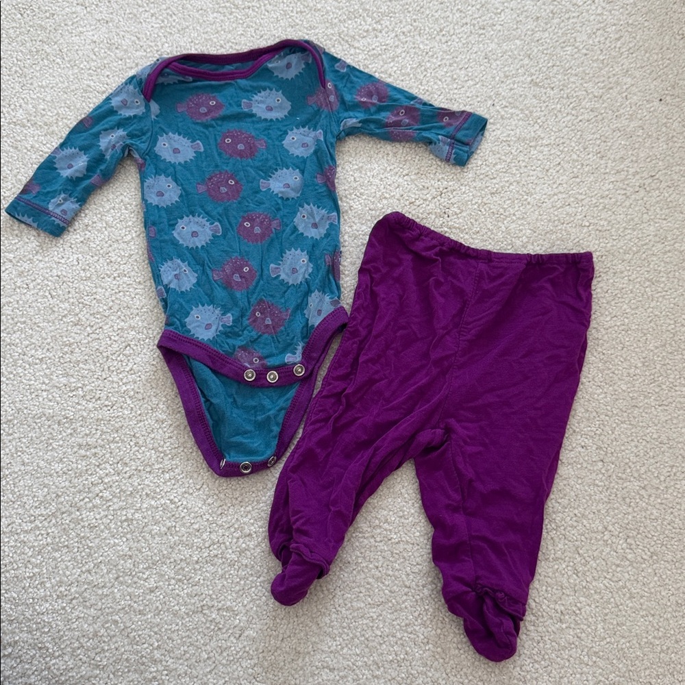 Kickee Pants Teal and Purple Blowfish 🐡 Bodysuit and matching footie pants